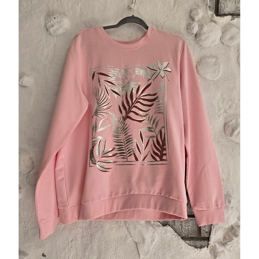 Bare Your Soul Sweet Soul Pink Metallic Silver Tropical Leaf Sweatshirt Large